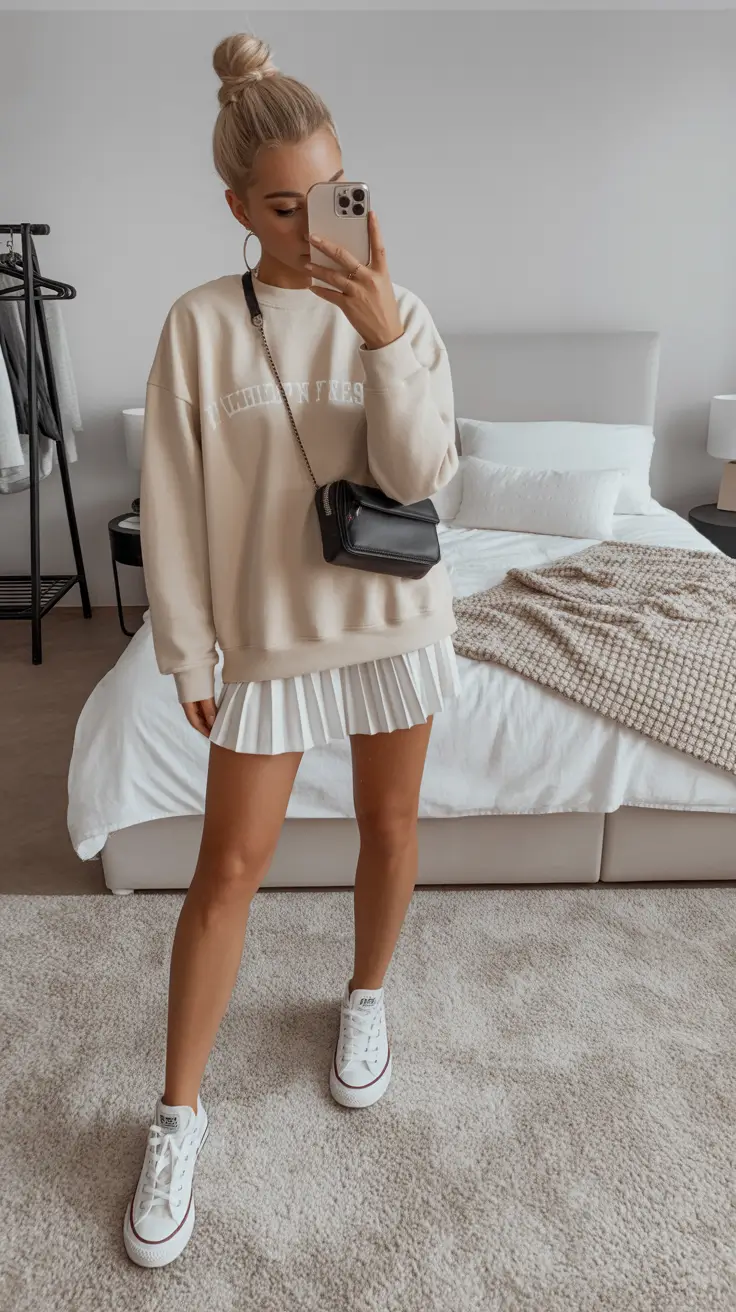 tennis skirt spring outfits Neutral Beige Layers for Cozy Spring Casual