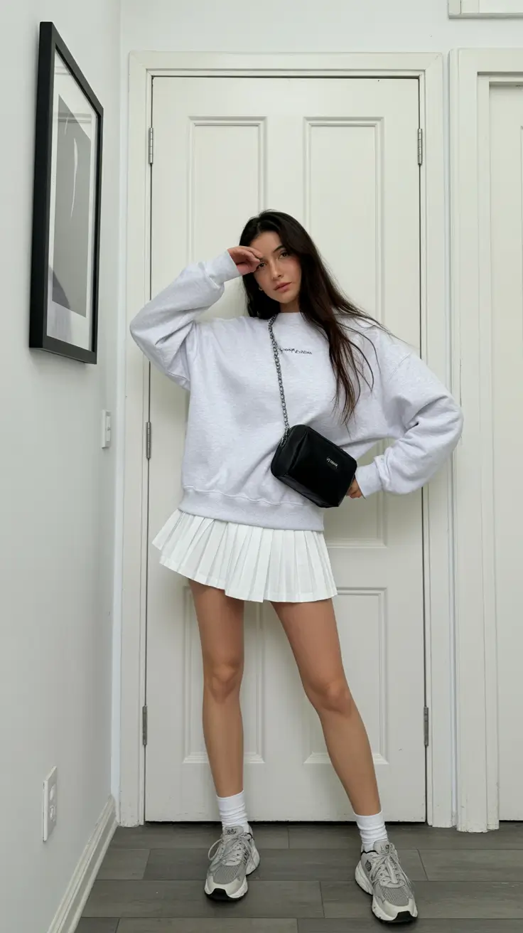 tennis skirt spring outfits Grey Sweatshirt Ease with Clean Everyday Balance