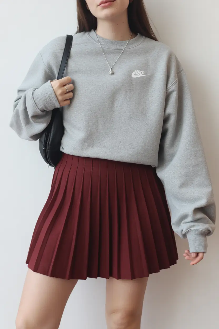 tennis skirt spring outfits Grey and Burgundy for a Rich Spring Contrast