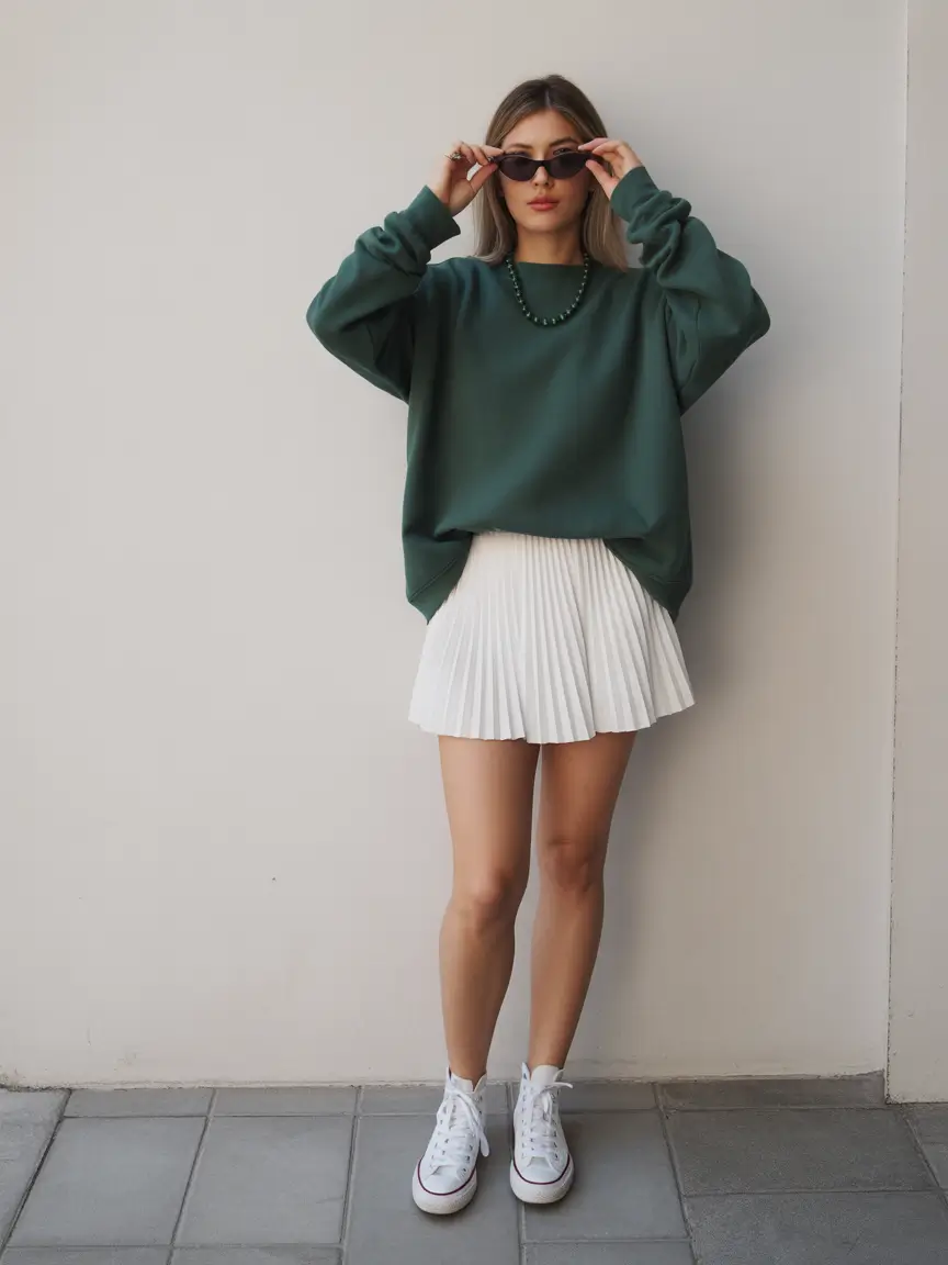tennis skirt spring outfits Green Sweatshirt and White Skirt with Relaxed Cool