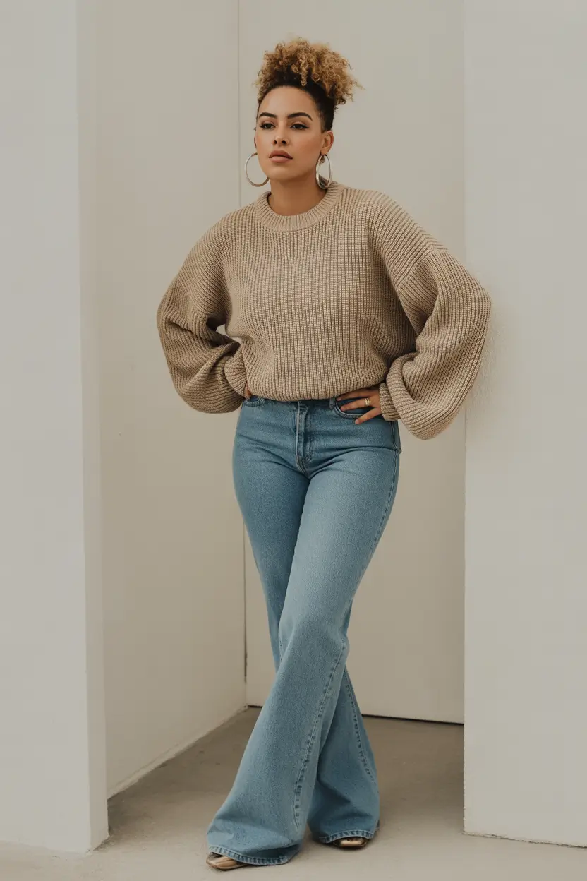 midsize spring outfits Soft Neutrals and Wide Denim Energy