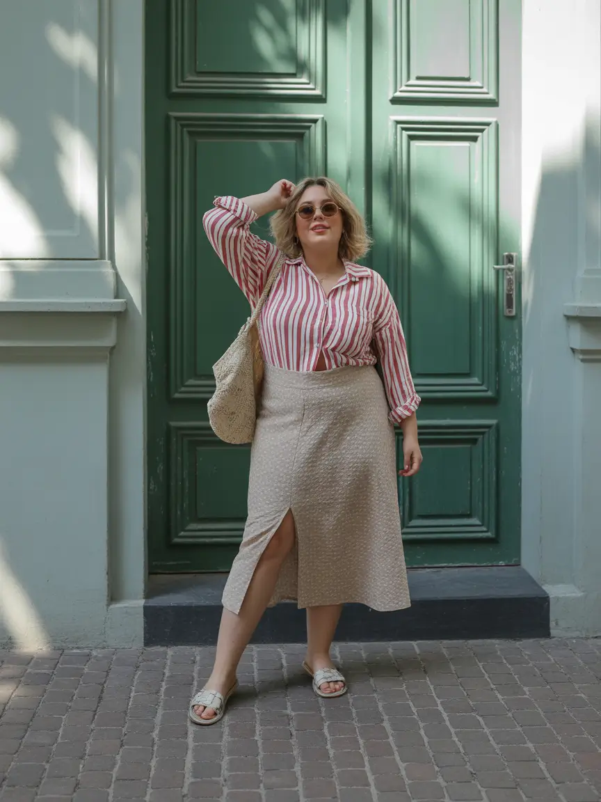 midsize spring outfits Striped Shirts and Neutral Skirts with European Ease