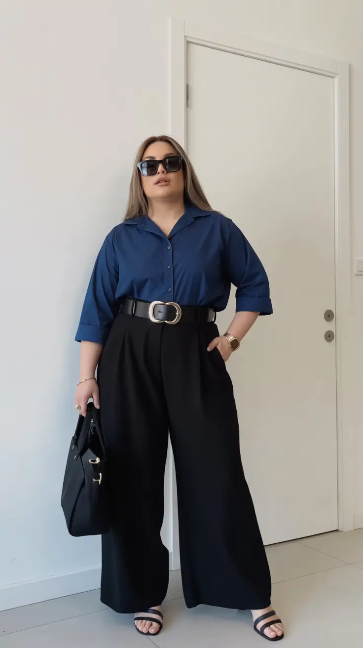 midsize spring outfits Deep Blues and Sharp Black for Confident Days