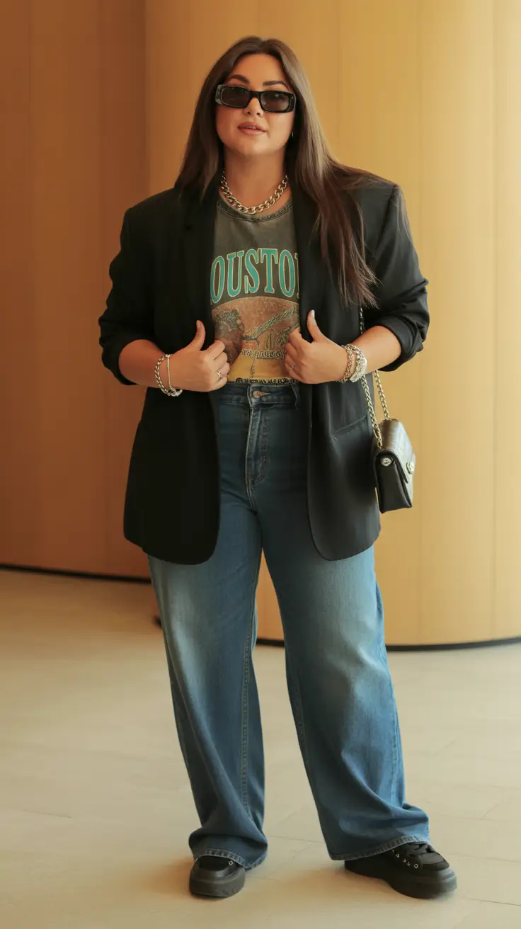 midsize spring outfits Graphic Layers and Denim Confidence