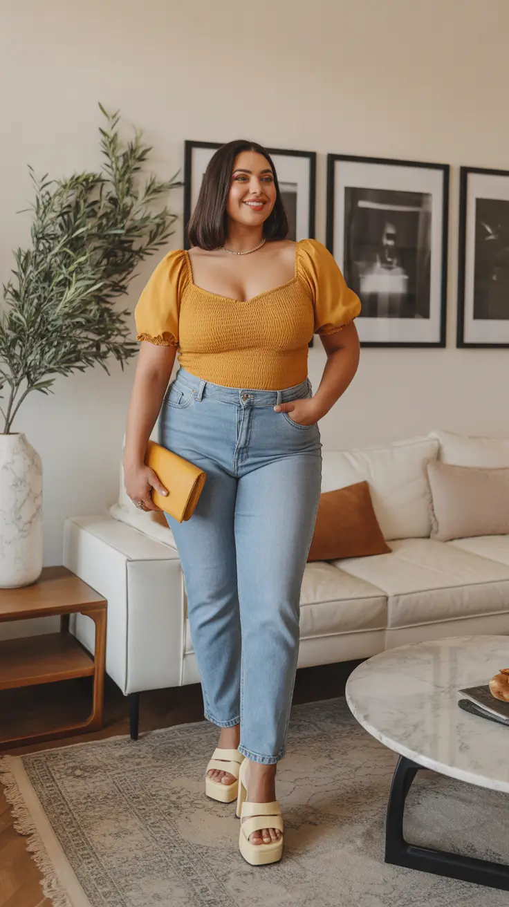 midsize spring outfits Warm Color Pops with Classic Denim