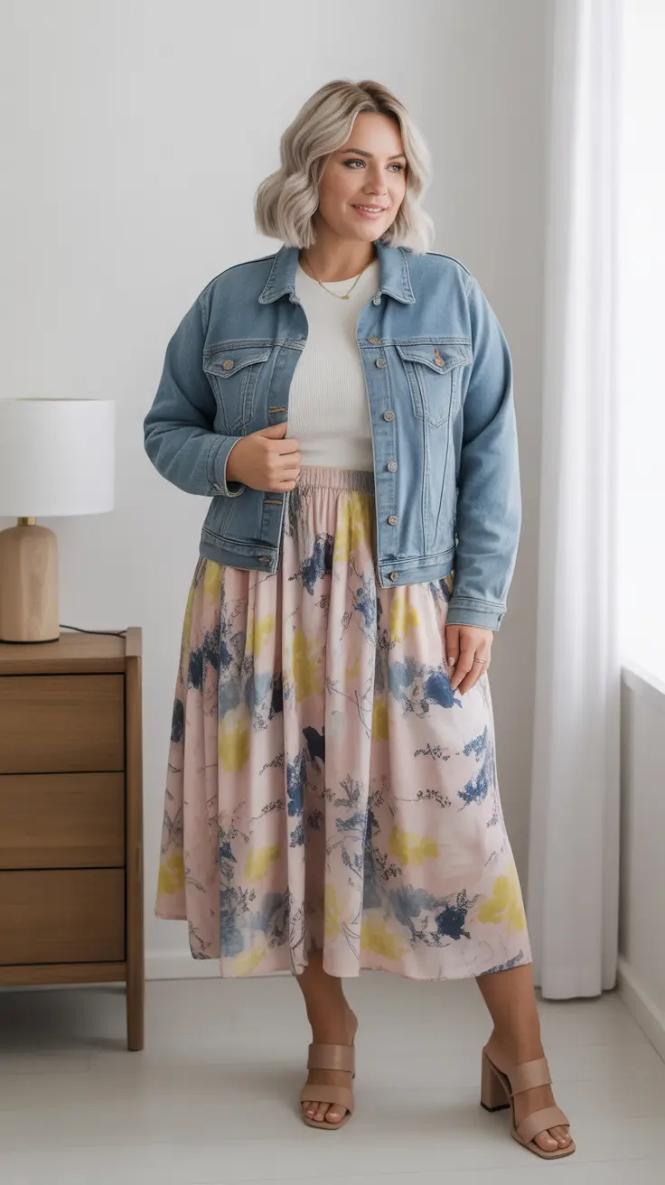 midsize spring outfits Denim Jackets and Fluid Skirts for Real Spring Days