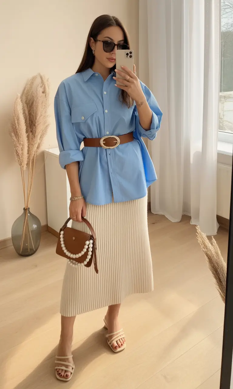chic modest spring outfits 2026 Classic Shirt Styling with a Feminine Pleated Skirt