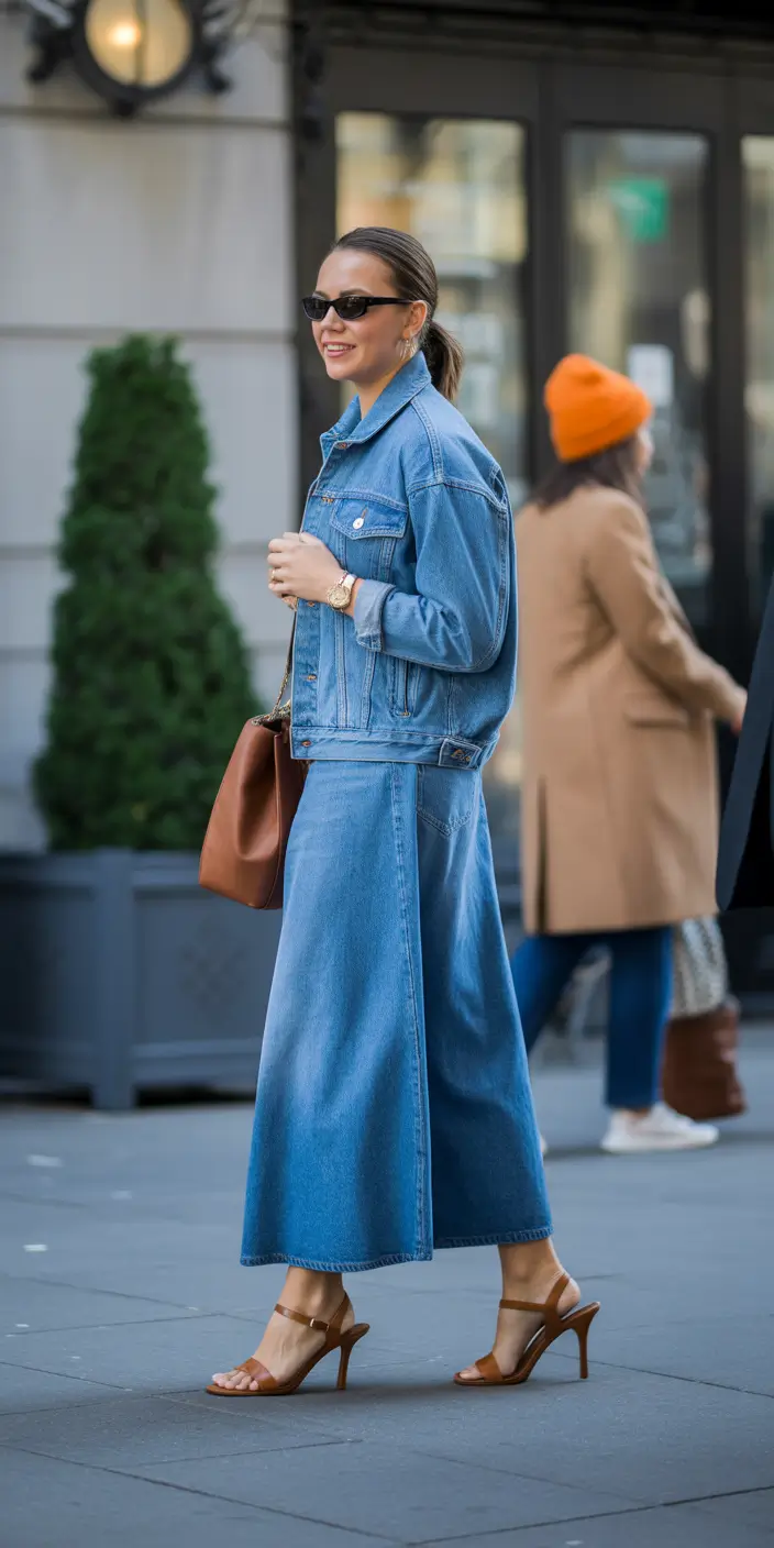 chic modest spring outfits 2026 Double Denim with a Feminine City Twist