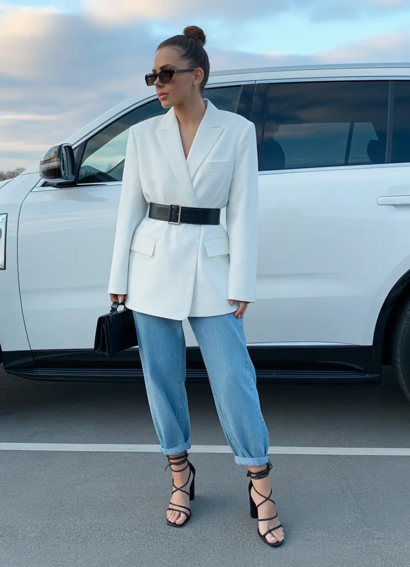 chic modest spring outfits 2026 Sharp White Tailoring Balanced with Relaxed Denim