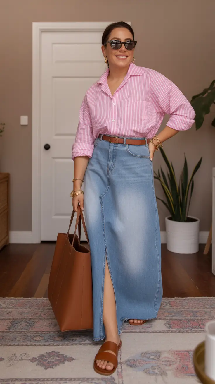chic modest spring outfits 2026 Relaxed Denim Skirt Styling with a Modern Shirt