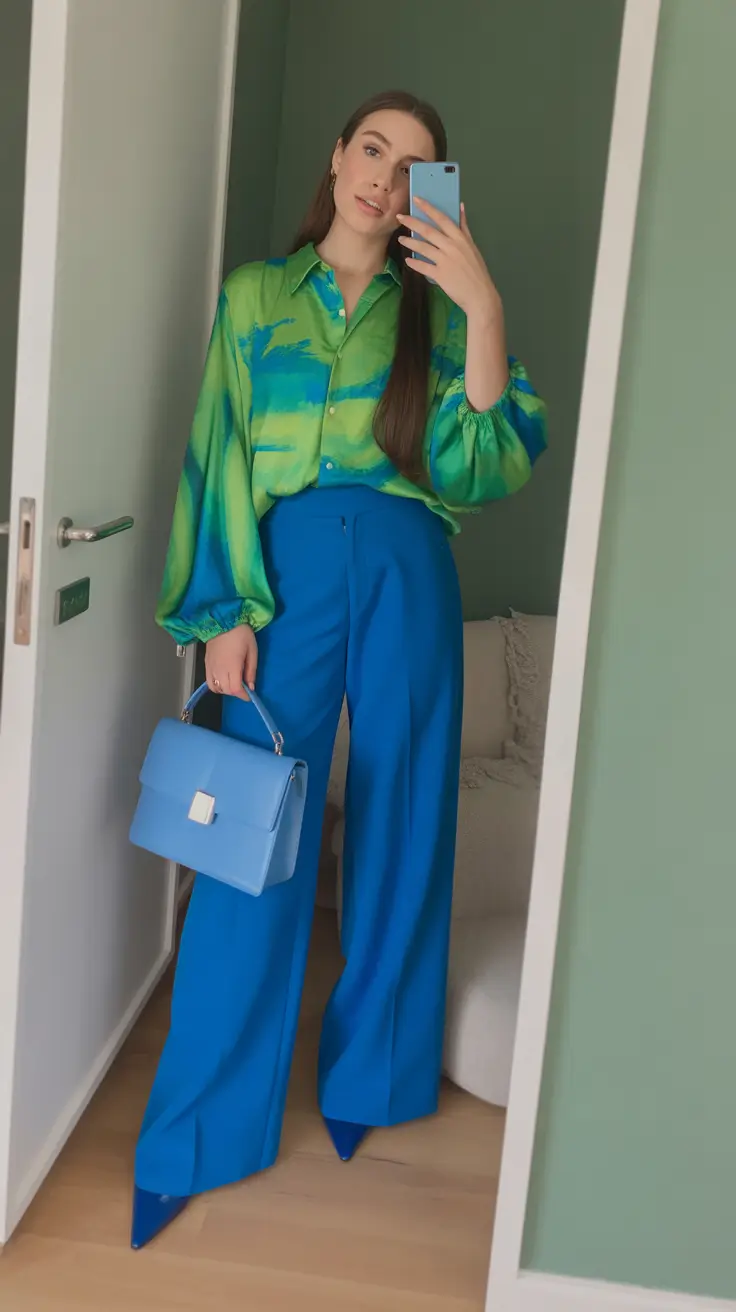 chic modest spring outfits 2026 Bold Color Pairing with Fluid Statement Pants