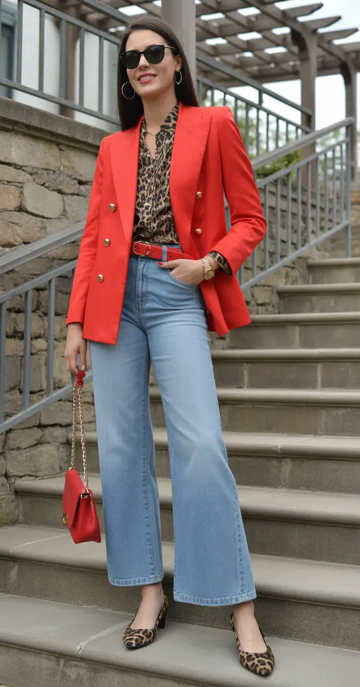 chic modest spring outfits 2026 Red Blazer Energy with Everyday Denim Ease
