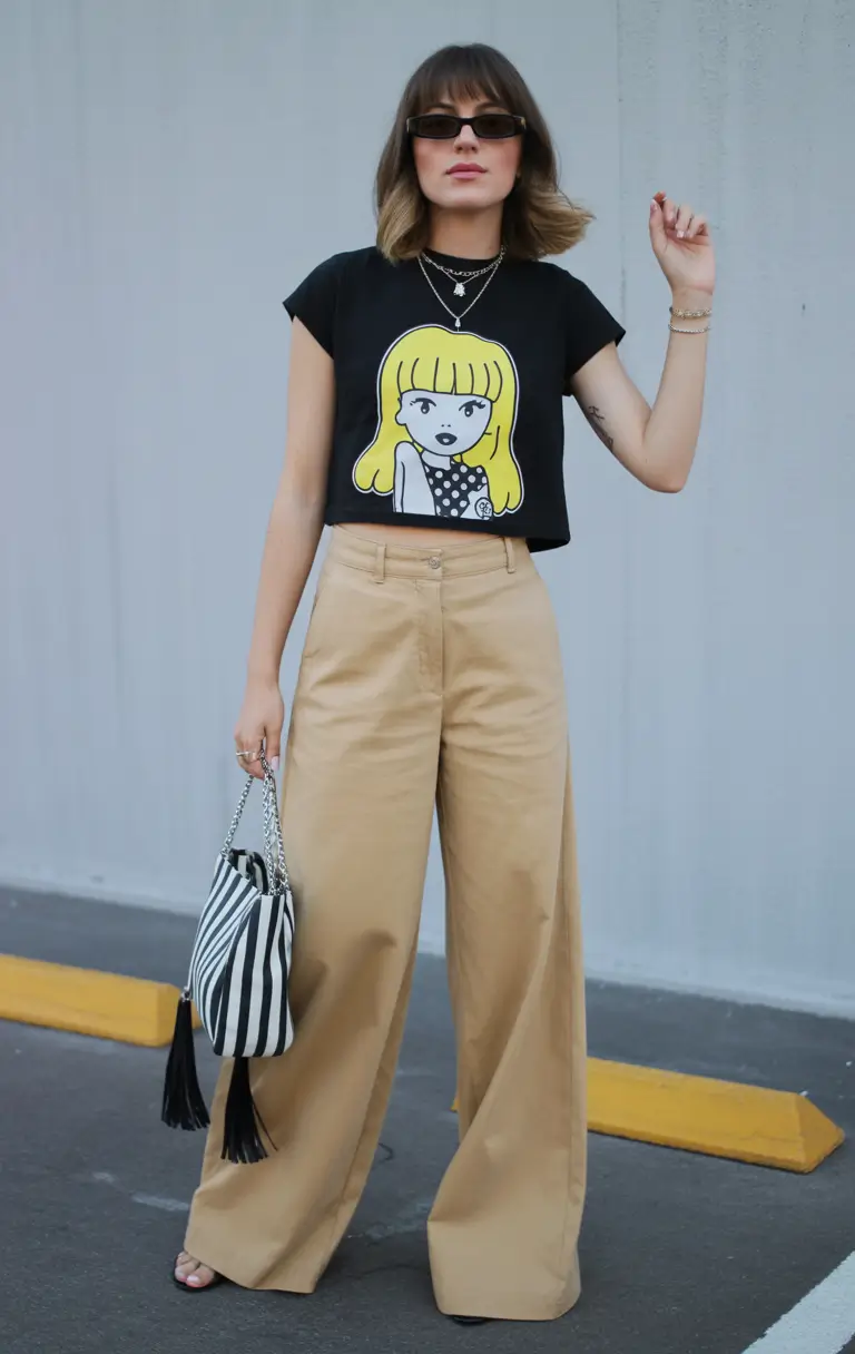 chic modest spring outfits 2026 Graphic Tee Styling with Tailored Neutral Pants