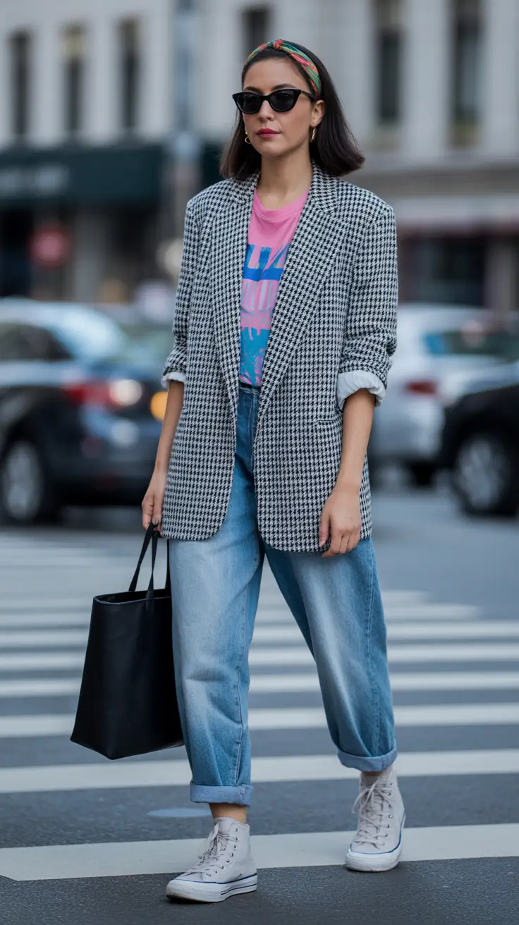 chic modest spring outfits 2026 Relaxed Street Style with Blazer Denim and Sneakers