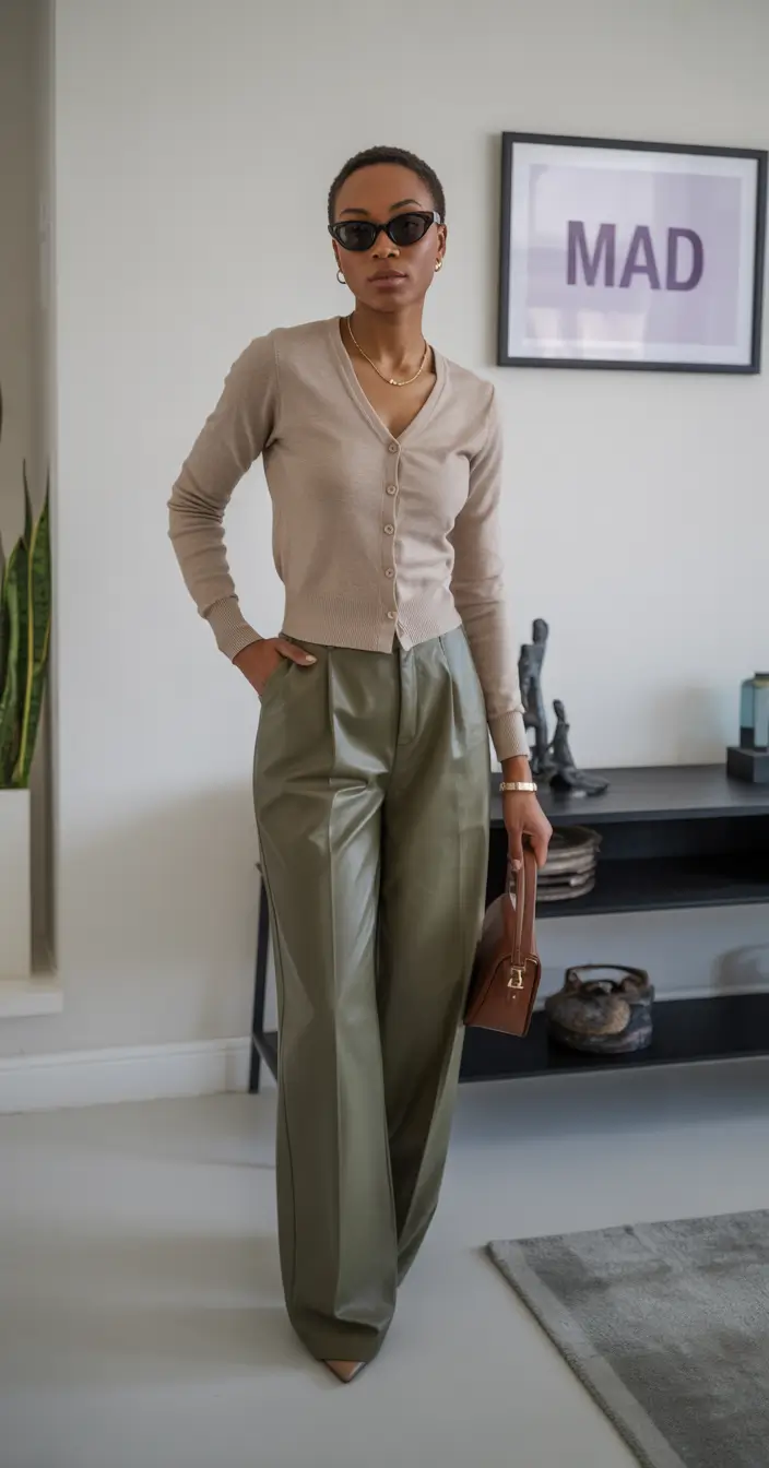 chic modest spring outfits 2026 Relaxed Knitwear Paired with Structured Green Trousers