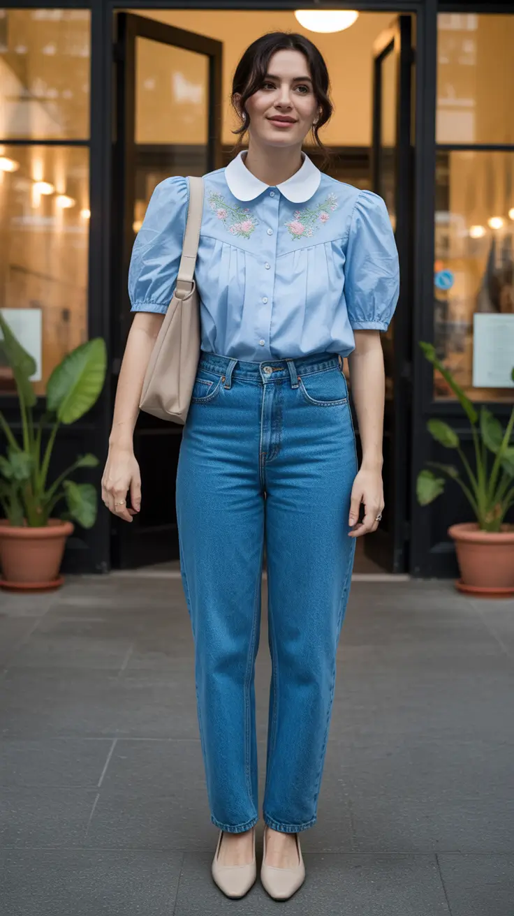 chic modest spring outfits 2026 Vintage-Inspired Blouse with Everyday Denim