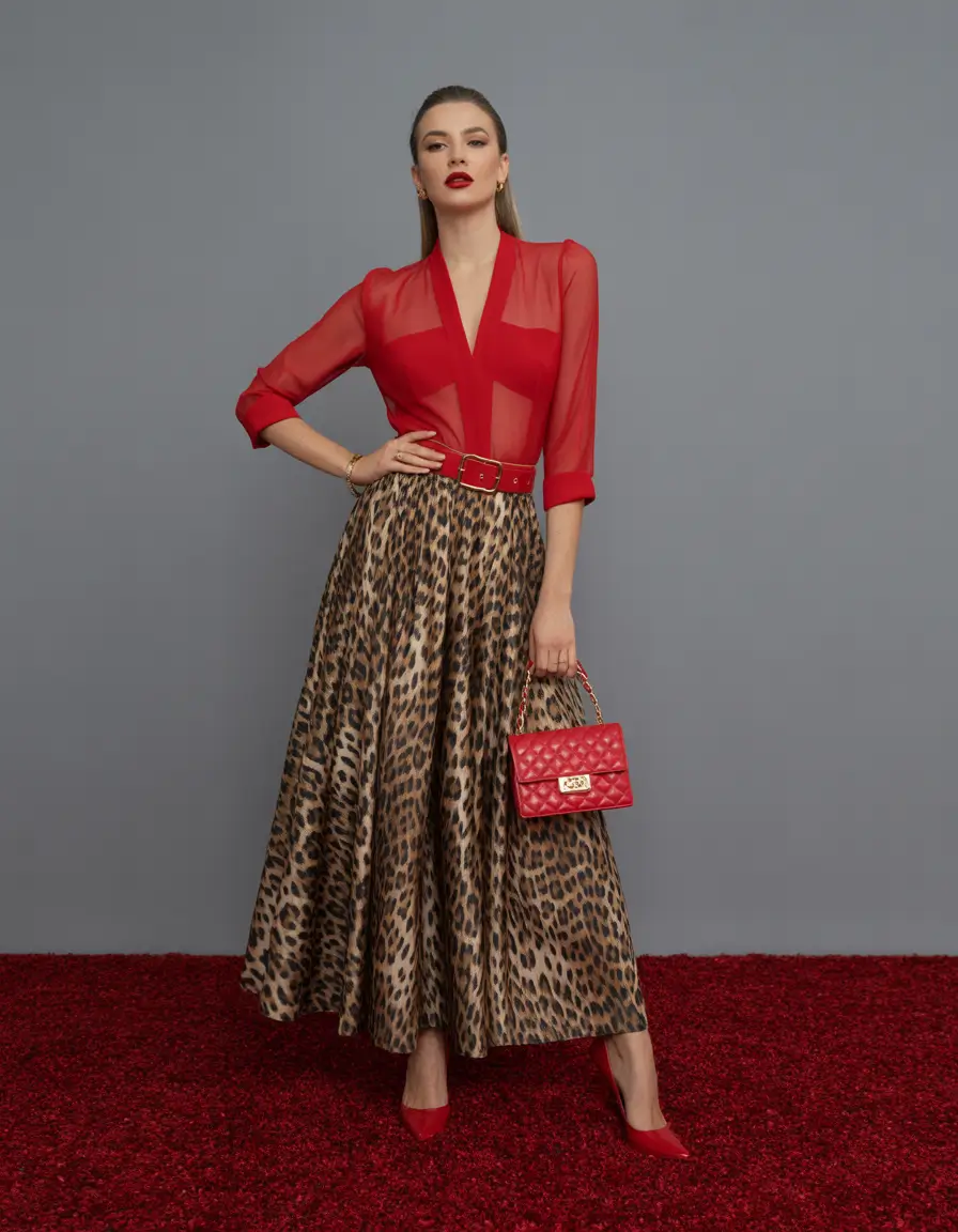 spring fashion outfits Red Blouse and Leopard Skirt Glam for Spring Events