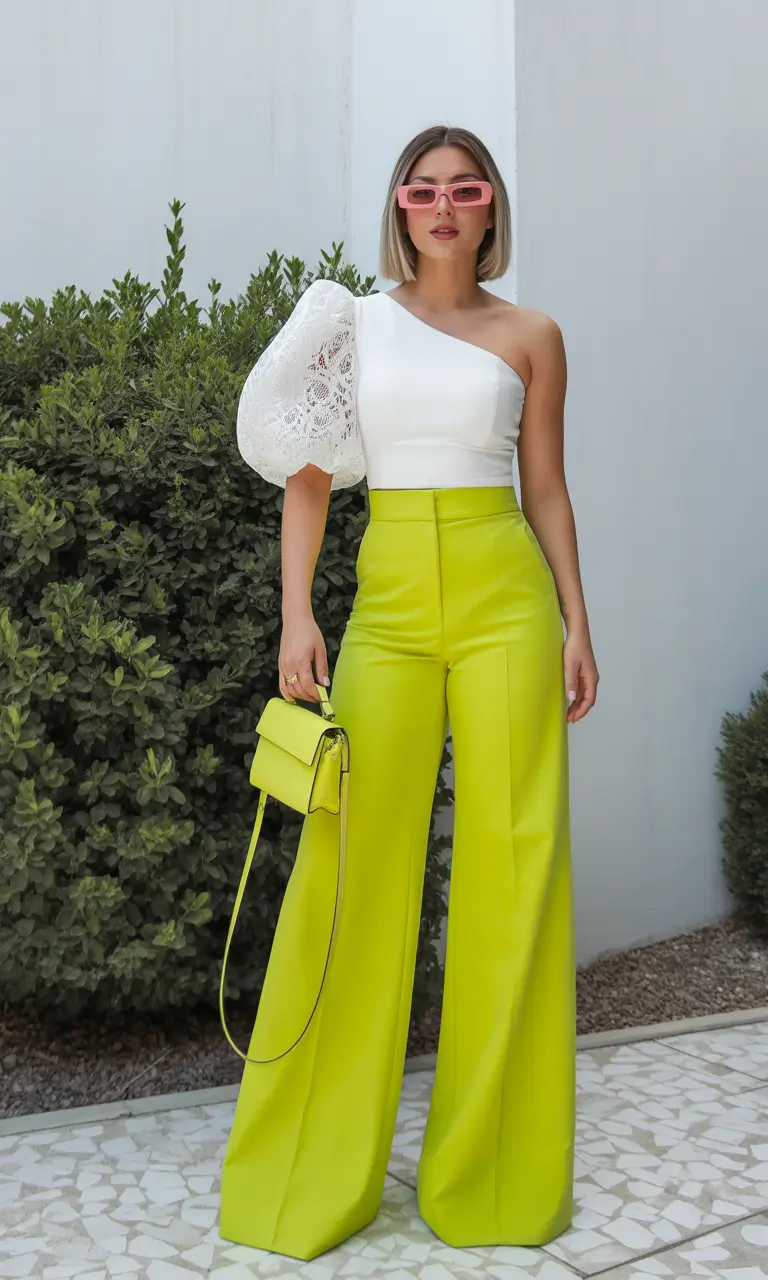 spring fashion outfits Bright Lime Trousers with Romantic Spring Structure