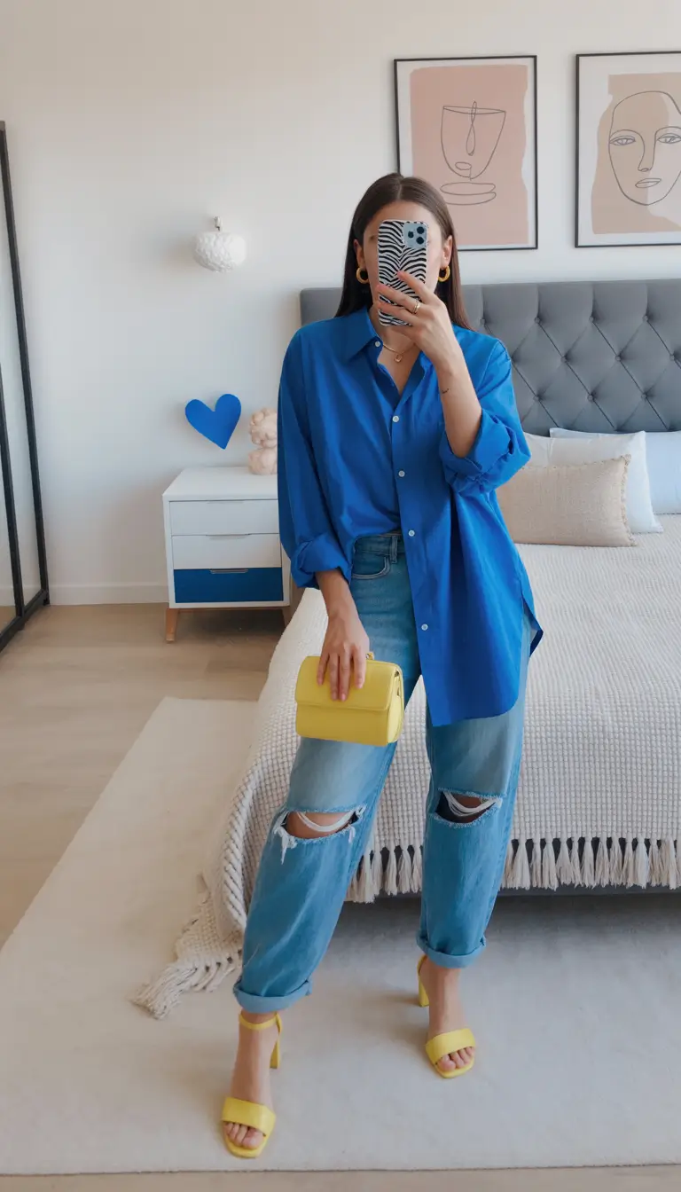 spring fashion outfits Casual Blue Shirt Styling with Yellow Accessories Inspo
