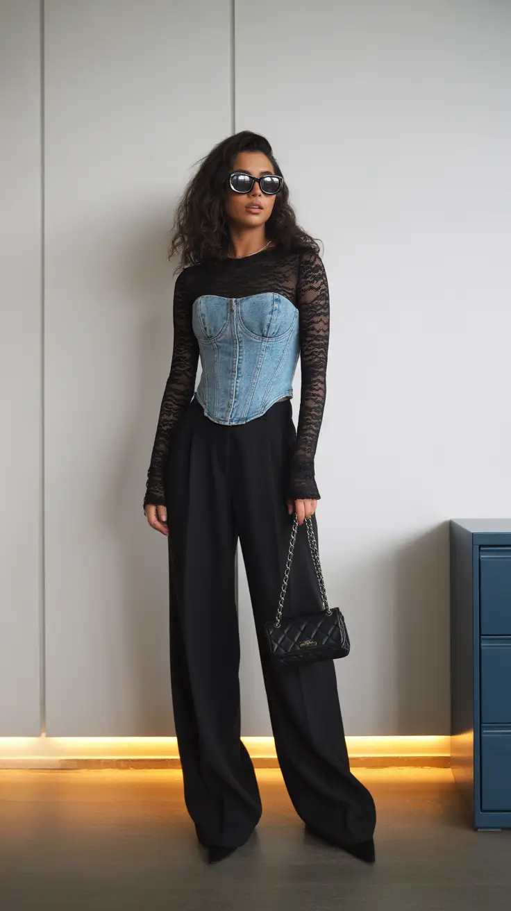 spring fashion outfits Lace Layers and Denim Corsetry After Dark