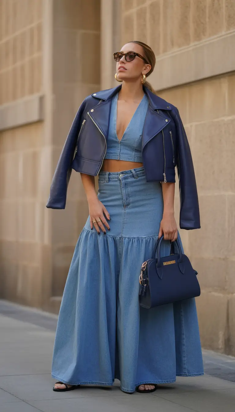 spring fashion outfits Denim-on-Denim with a Feminine Edge