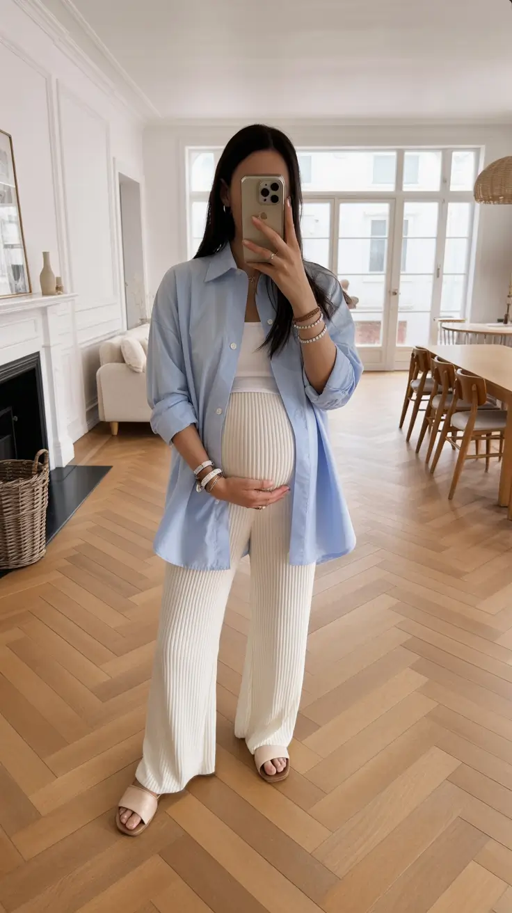 spring outfit for pregnant women Soft Blue Shirt and Lounge-Level Elegance