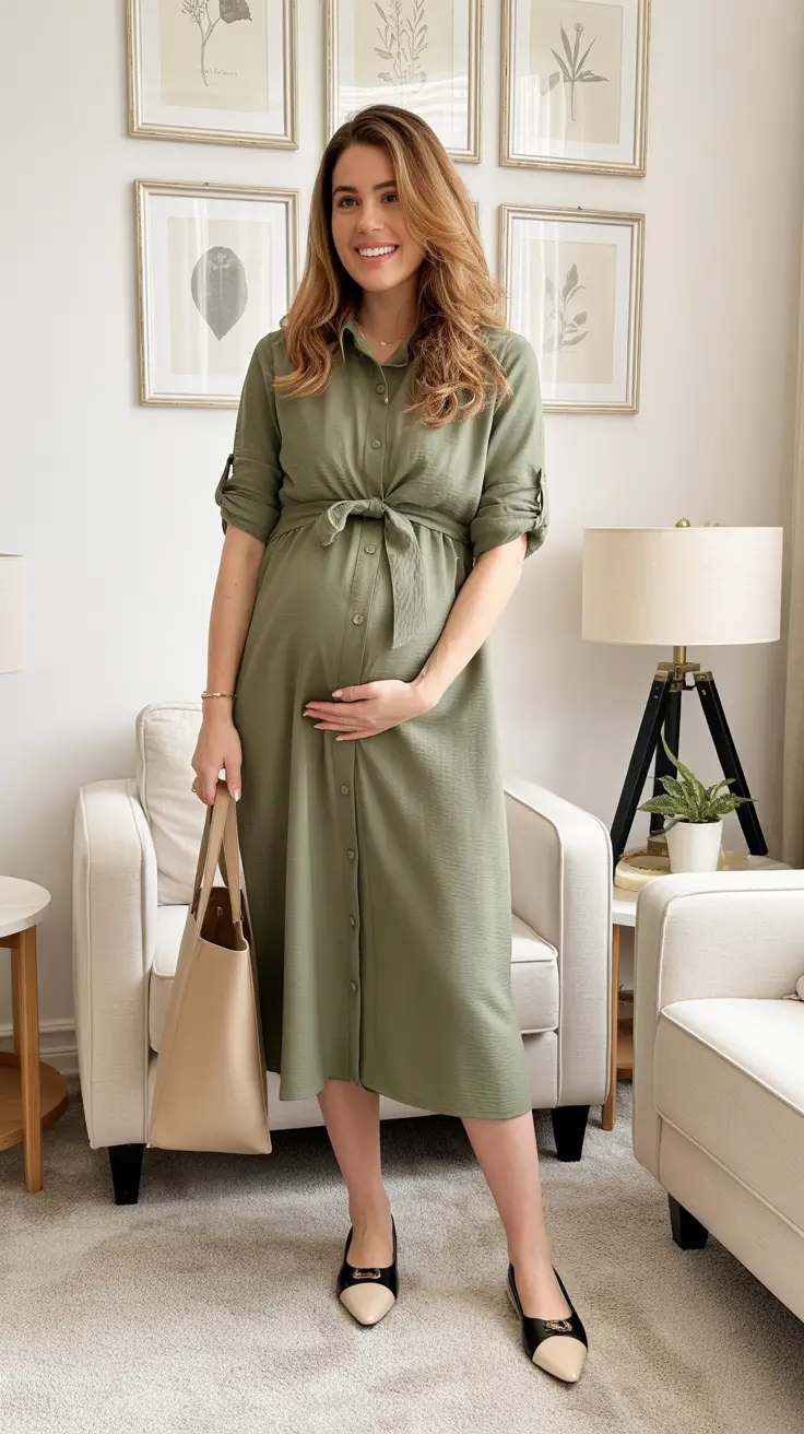 spring outfit for pregnant women Soft Olive Shirt Dress for Everyday Grace