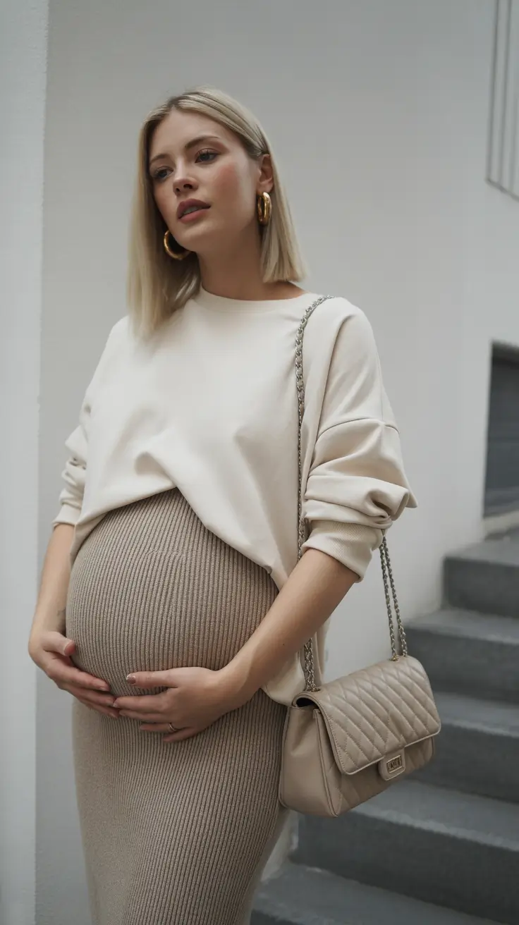 spring outfit for pregnant women Minimal Beige Knit for Modern City Chic