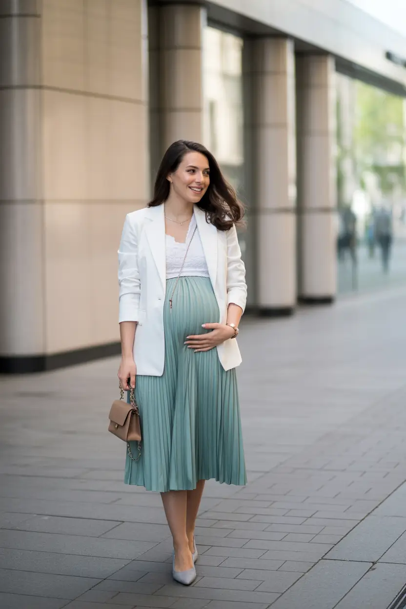 spring outfit for pregnant women Mint Pleats and Blazer Polish for City Spring Days