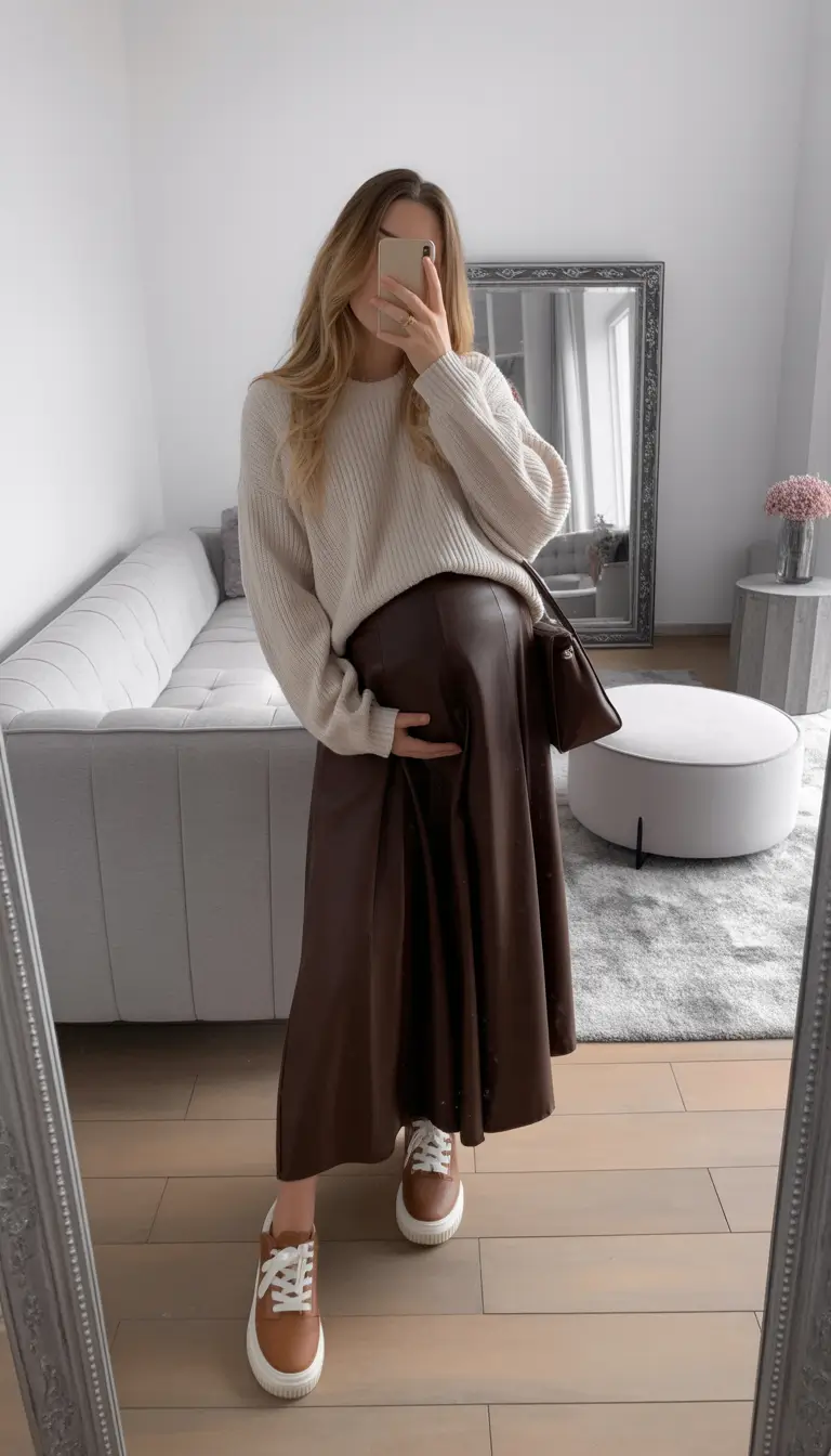 spring outfit for pregnant women Chocolate Skirts and Cozy Knit Balance