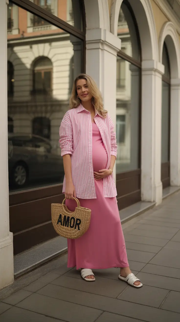 spring outfit for pregnant women Pink Dresses and Striped Layers for Soft Romance