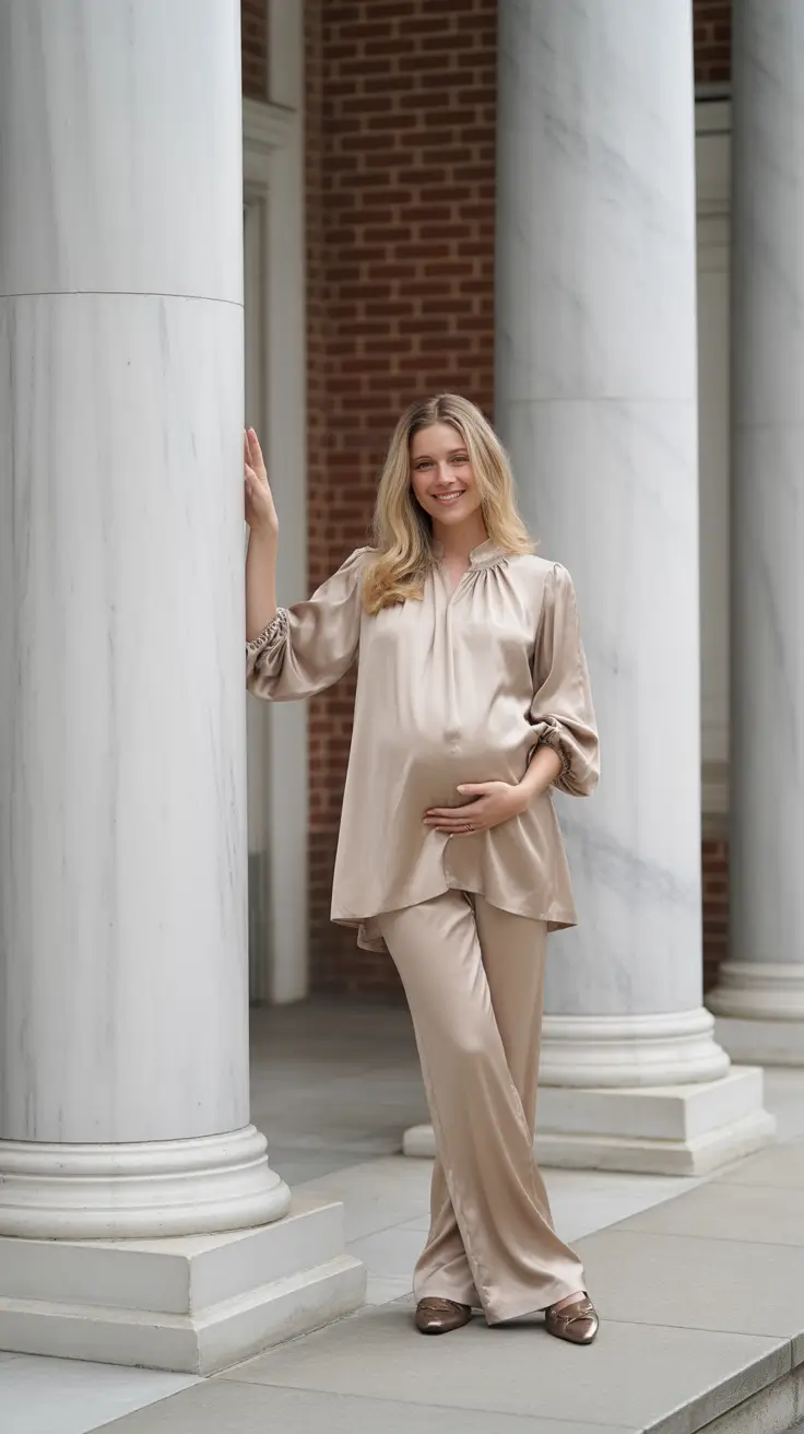 spring outfit for pregnant women Champagne Satin Sets for Soft Spring Glamour