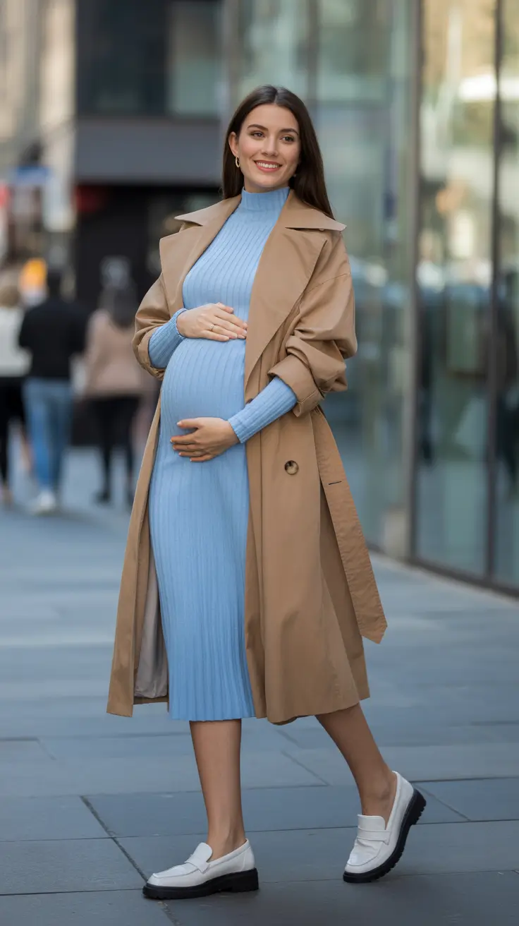 spring outfit for pregnant women Modern Trench Energy With Soft Knit Confidence