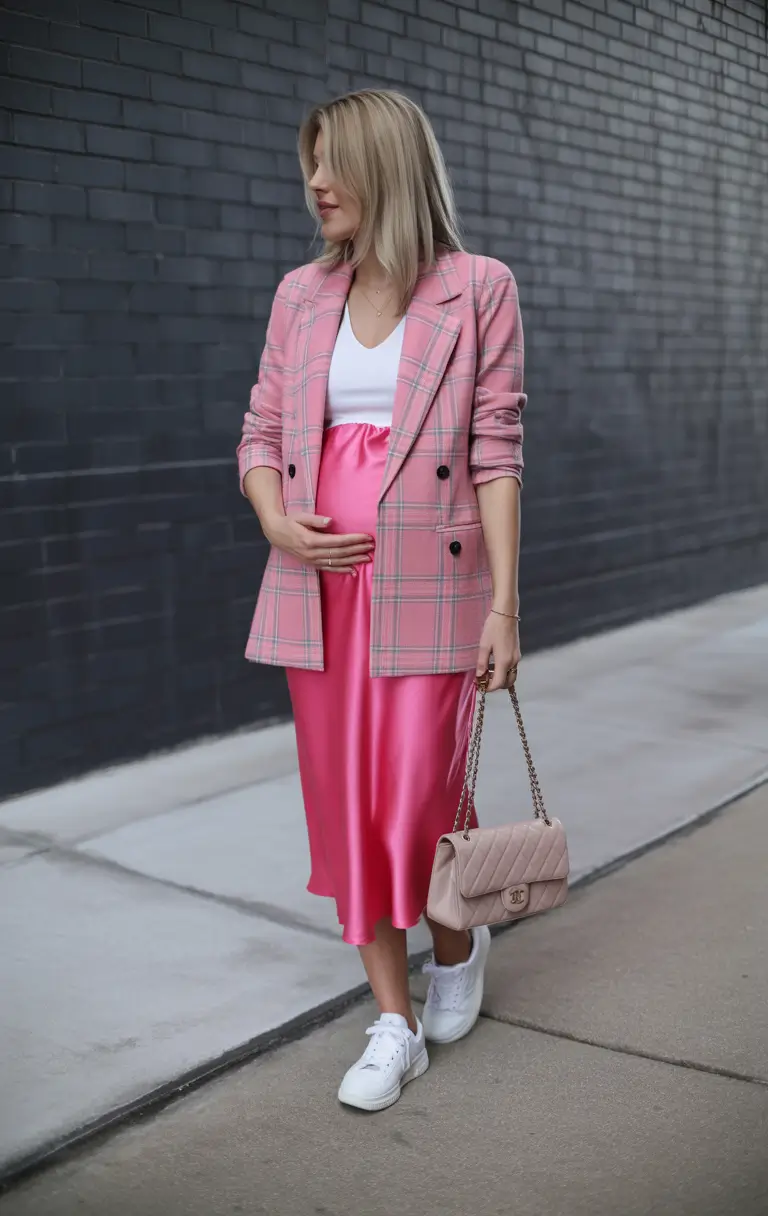 spring outfit for pregnant women Pink Satin Meets Classic Plaid Energy