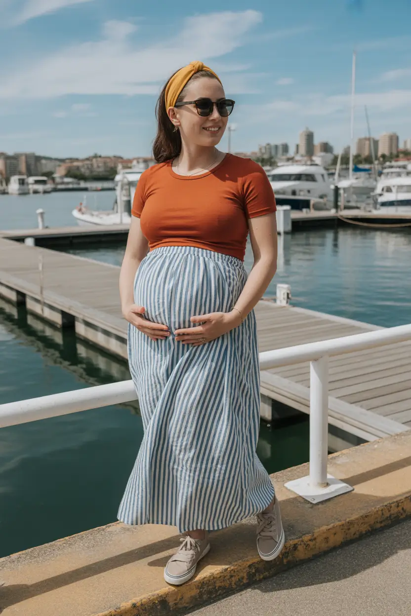 spring outfit for pregnant women Seaside Stripes With Vacation Ease