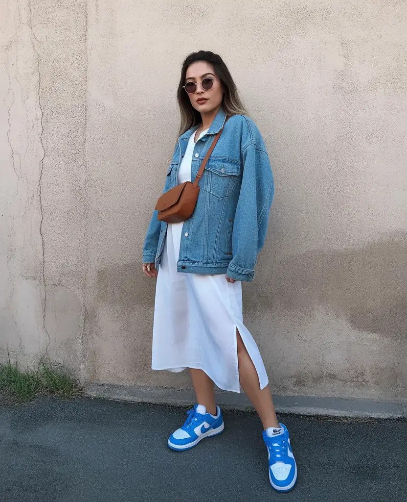 sneakers spring outfit Denim Jacket Layered Over White With Bold Blue Sneakers