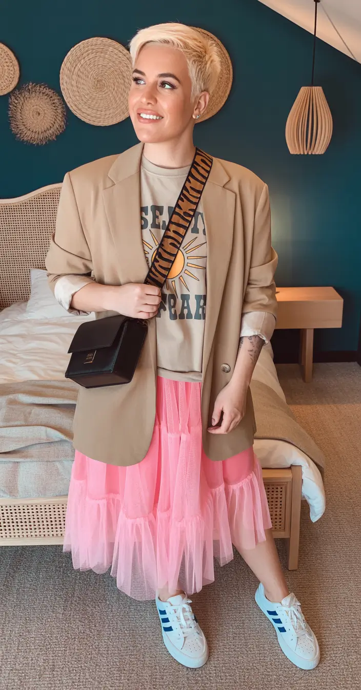 sneakers spring outfit Blazer And Pink Tulle Skirt With Playful Sneakers