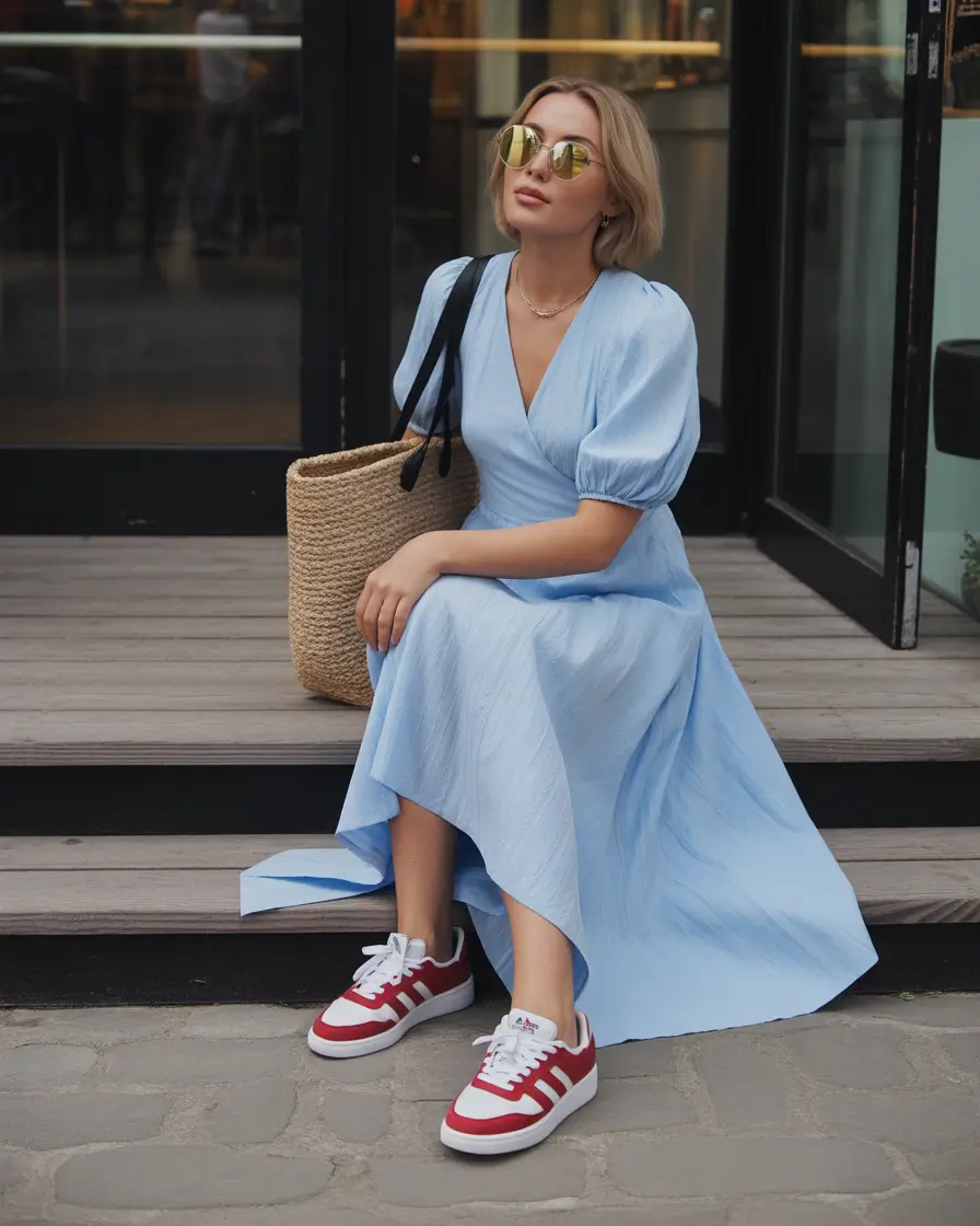 sneakers spring outfit Blue Dress And Red Adidas Sneakers For City Spring Days