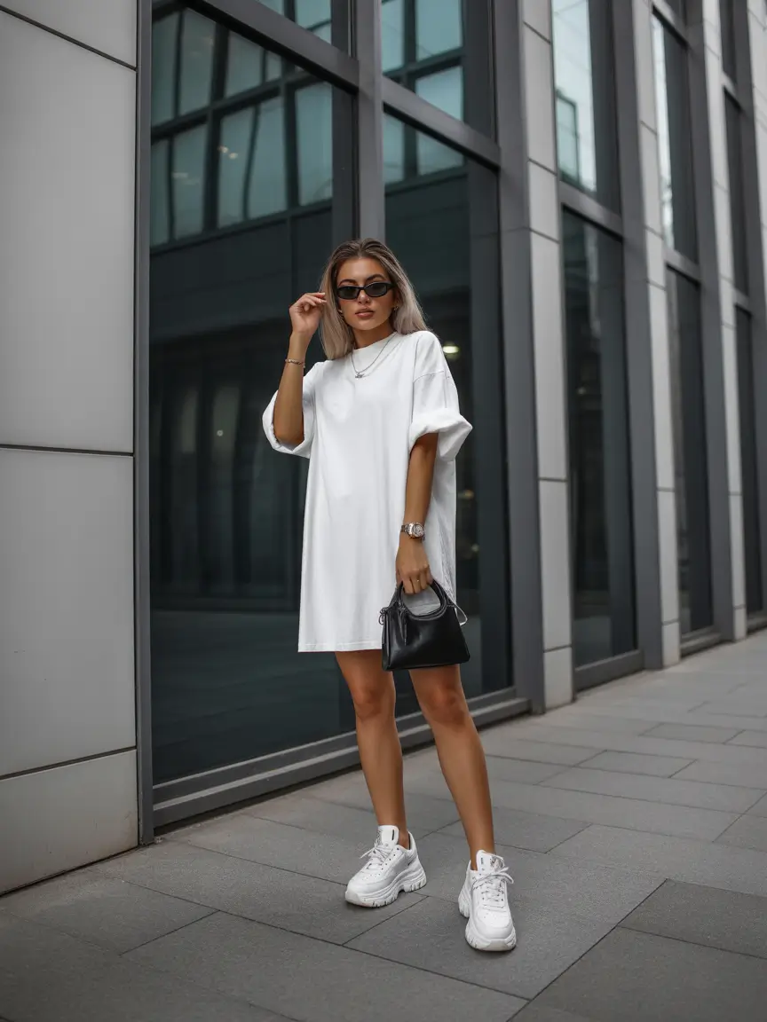 sneakers spring outfit Minimal White Shirt Dress With Chunky Sneakers