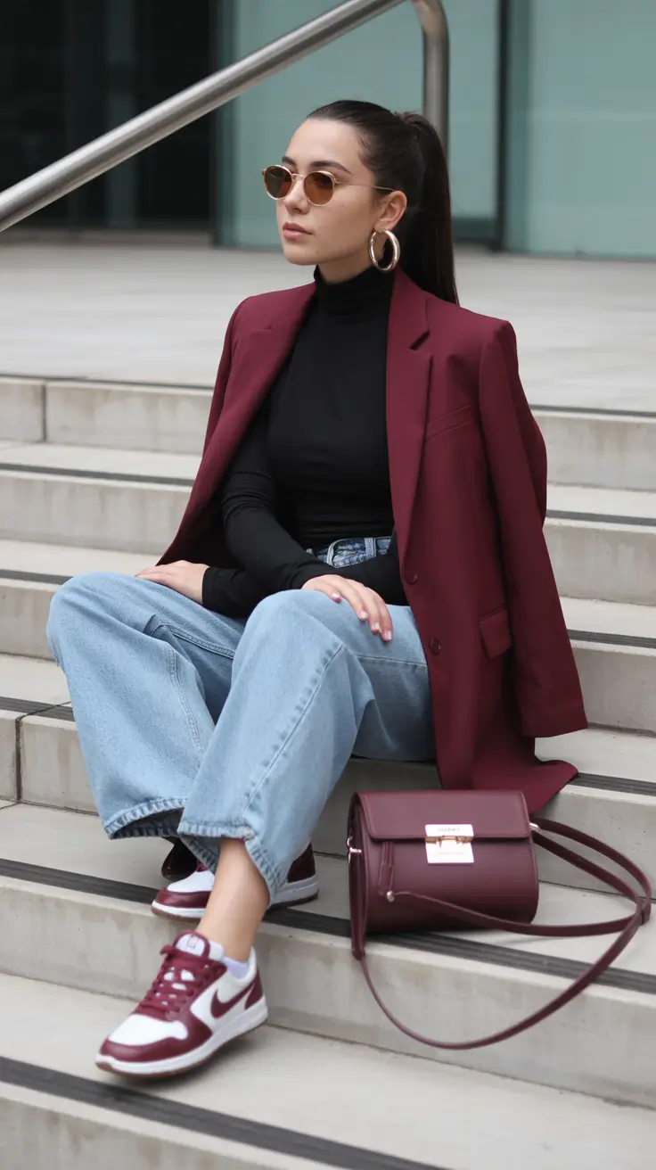 sneakers spring outfit Burgundy Blazer With Jeans And Red Sneakers