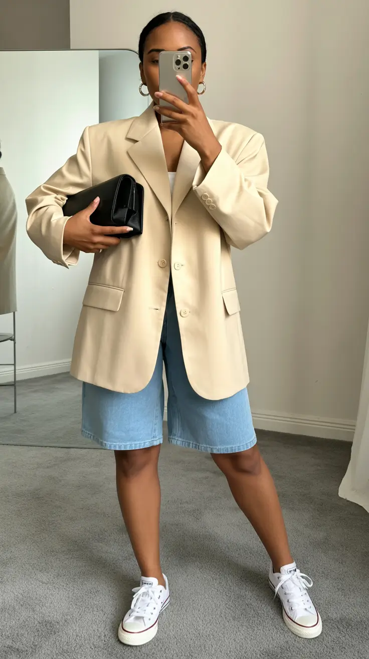sneakers spring outfit Oversized Beige Blazer With Denim Shorts And White Sneakers