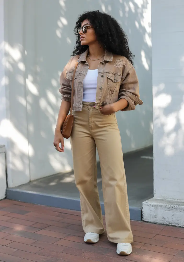 sneakers spring outfit Earthy Beige Tones With Relaxed Wide-Leg Pants