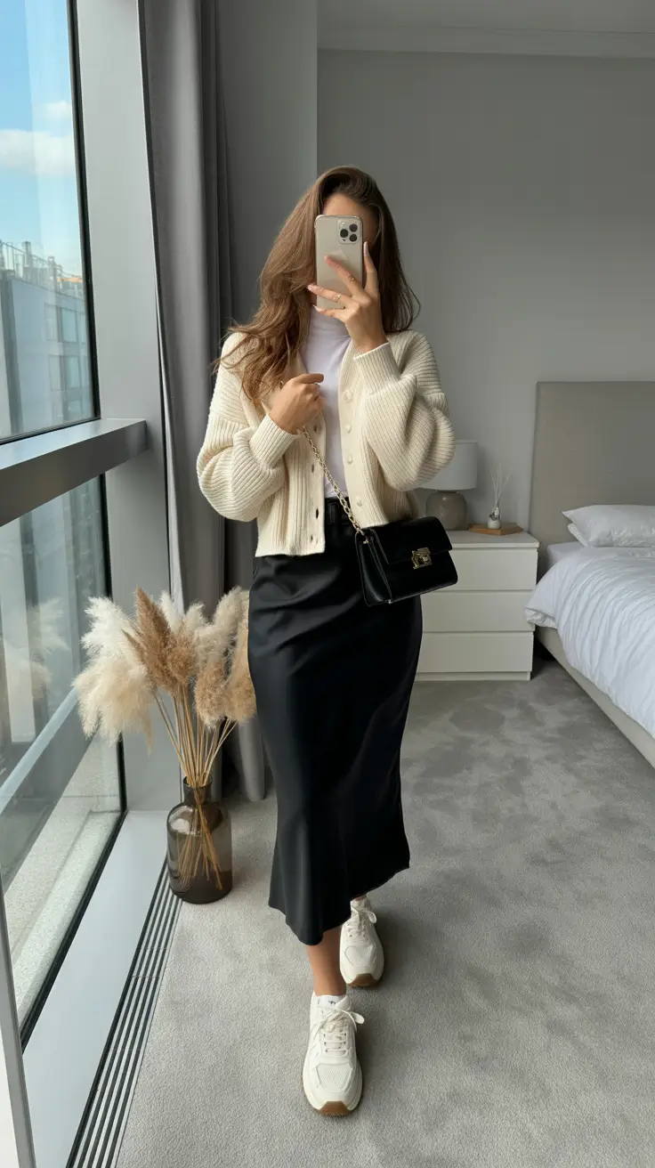 sneakers spring outfit Black Skirt And Cozy Cardigan With White Sneakers