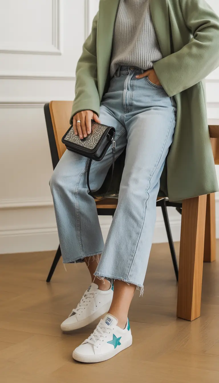 sneakers spring outfit Soft Green Coat And Denim For Spring Ease