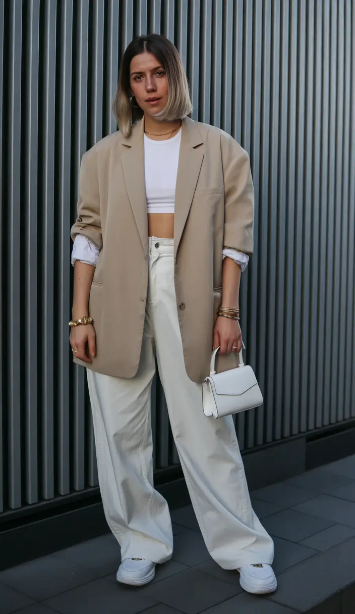 sneakers spring outfit White Wide-Leg Pants With Beige Blazer And Sneakers
