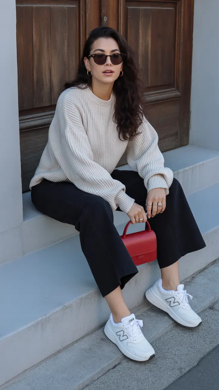 sneakers spring outfit Grey Knit And Black Pants With Minimal Sneakers
