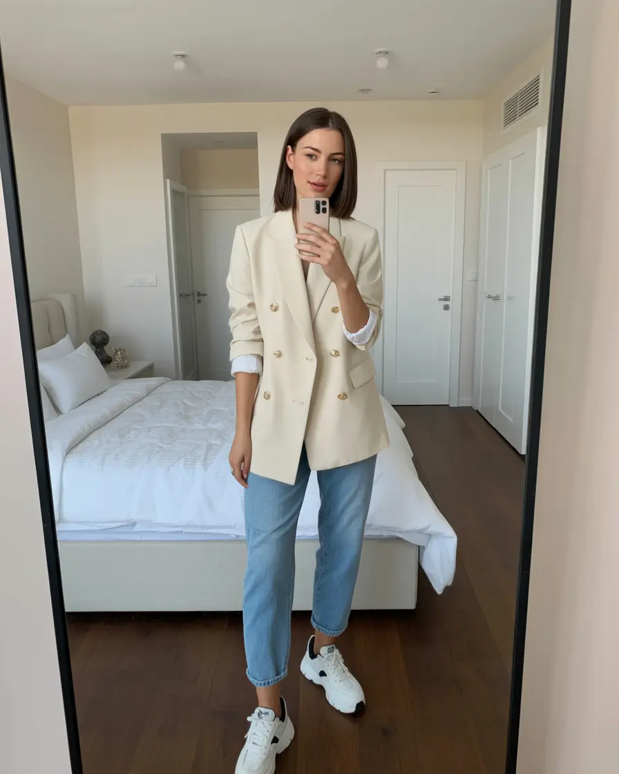 sneakers spring outfit Classic Beige Blazer With Fresh White Sneakers