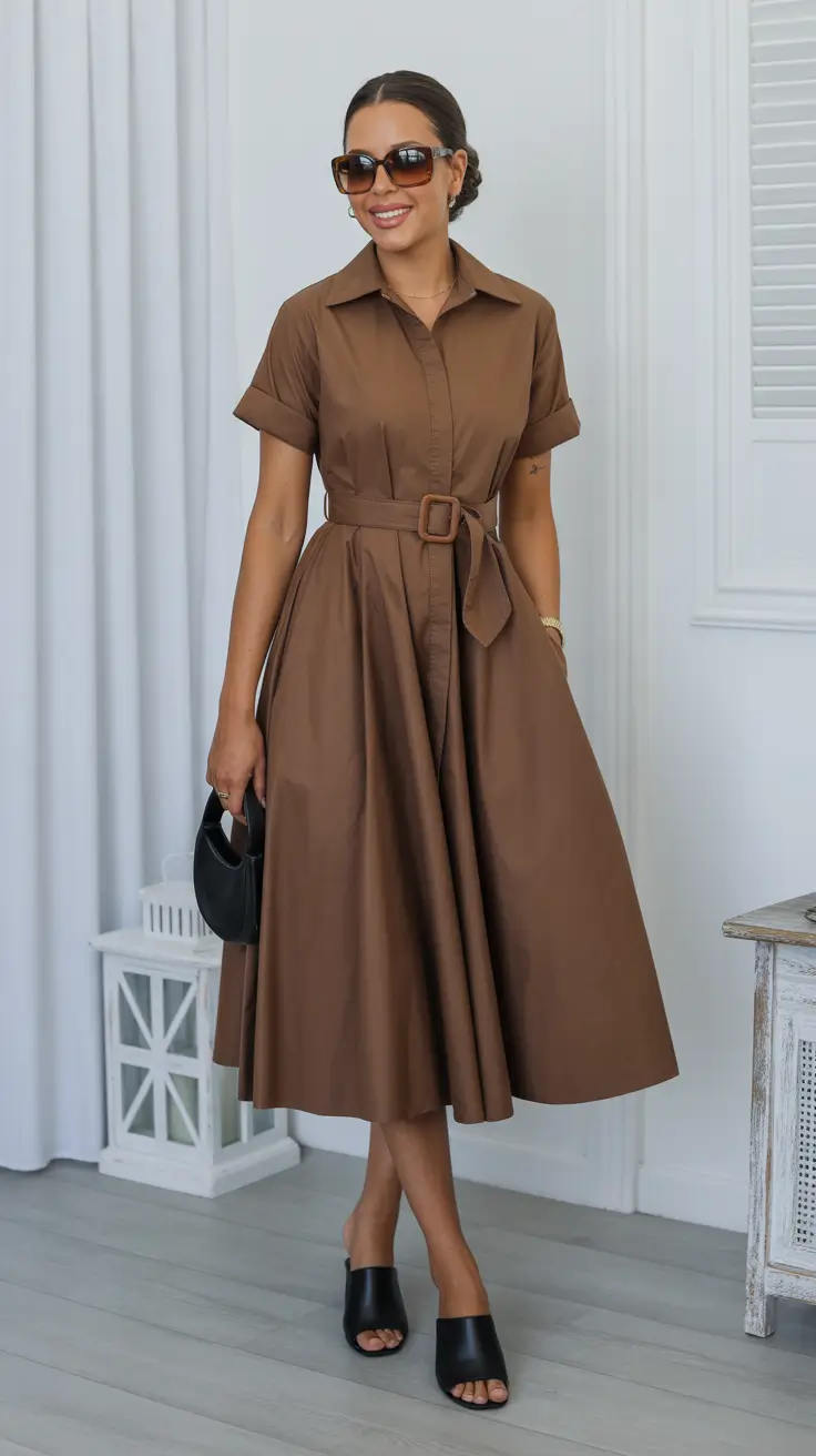 old money spring outfits Soft Brown Shirt Dress with a Defined Waist