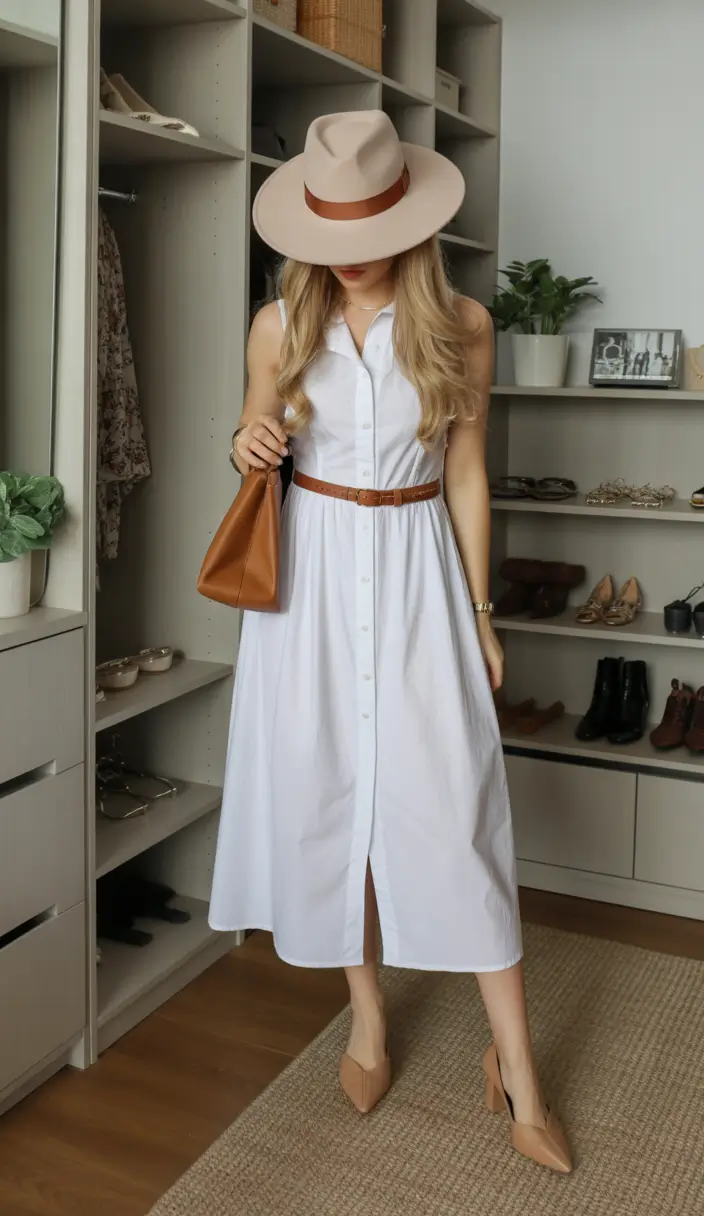 old money spring outfits White Shirt Dress with Leather Belt and Hat