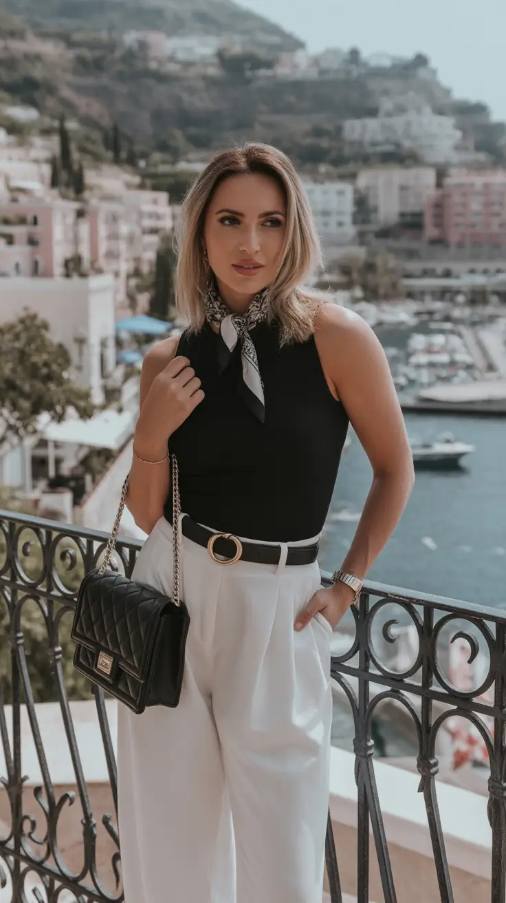 old money spring outfits Black Sleeveless Top with White Tailored Trousers by the Coast